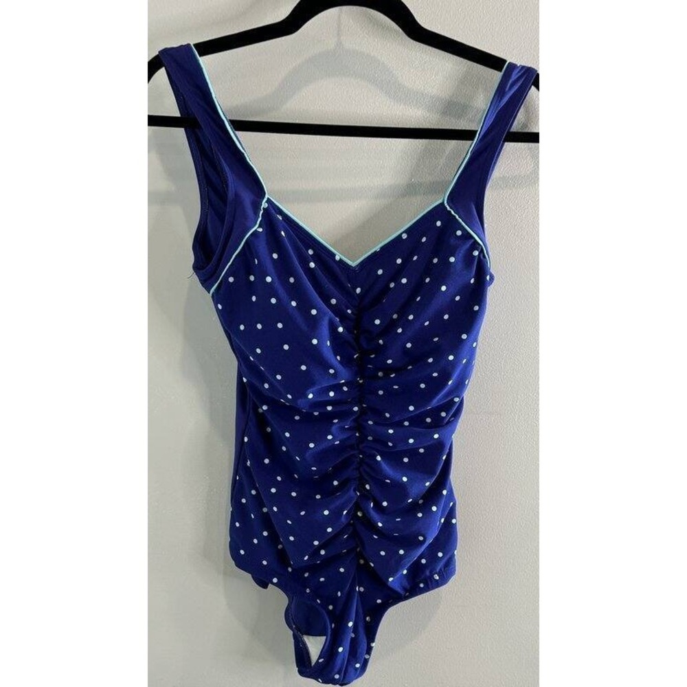 Vintage Gabar Womens One Piece  Swimsuit Blue Aqua Dot Ruched Front 12